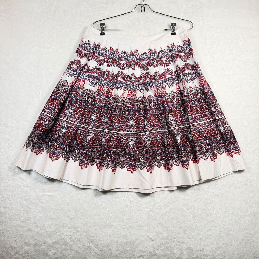 Talbots A Line Skirt Womens 10 White Red Blue Border Print Pleated Cotton Midi